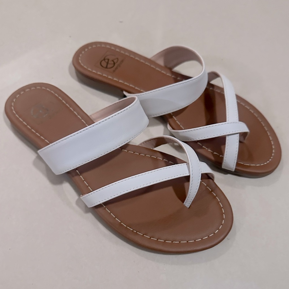 White Sandals Faux Leather Strappy Sandals Slip on Sandals